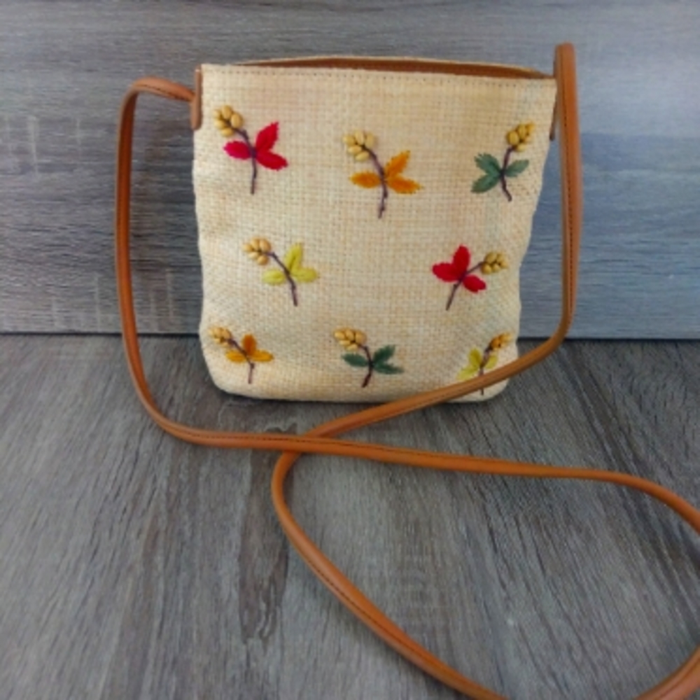 Fossil Tan Floral Print Straw Fabric Crossbody Purse